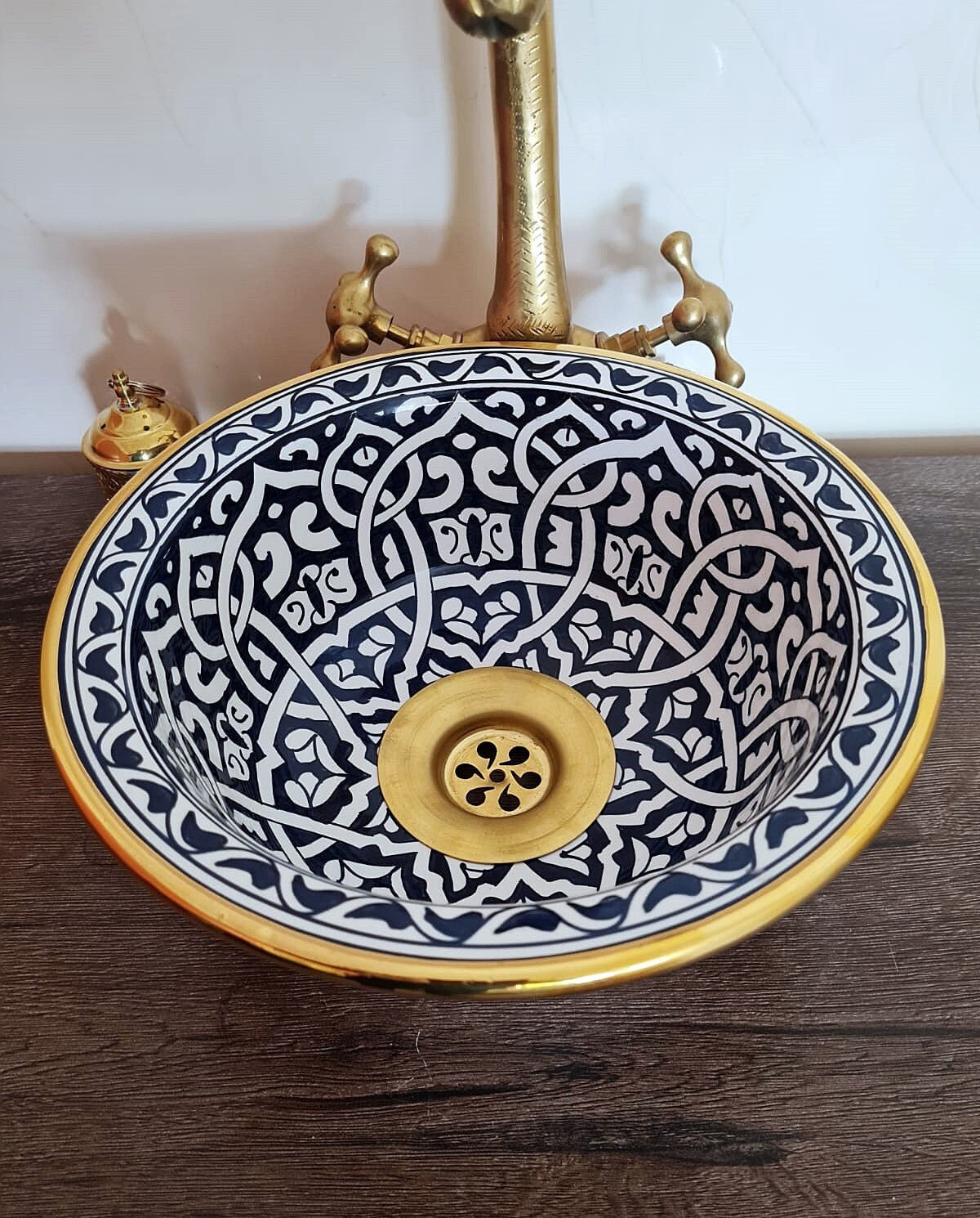 14K Carat Gold contour bathroom sink | Hand painted ceramic sink #79