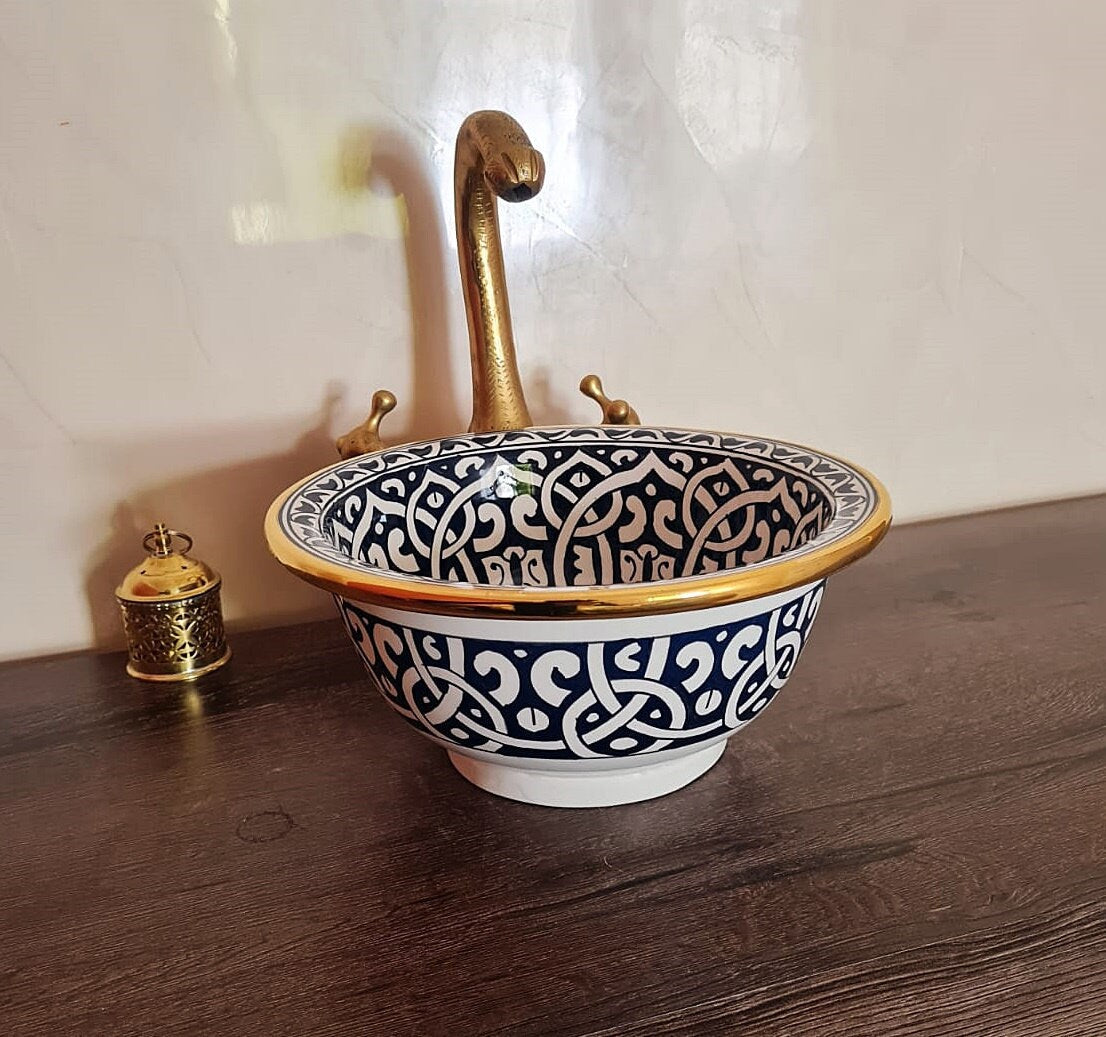 14K Carat Gold contour bathroom sink | Hand painted ceramic sink #79