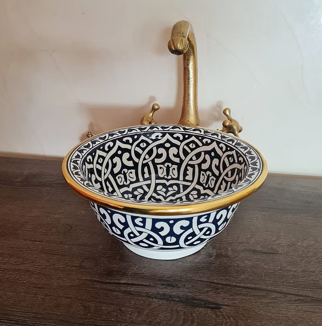 14K Carat Gold contour bathroom sink | Hand painted ceramic sink #79