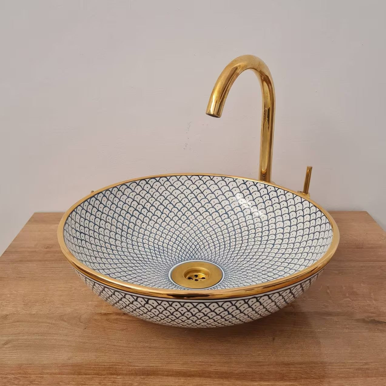 14K Carat Gold contour bathroom sink | Hand painted ceramic sink #78