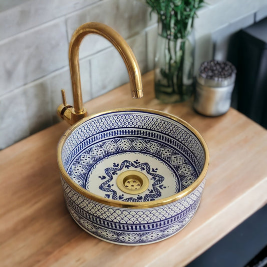 Moroccan ceramic sink for bathroom | Brass border bathroom sink #62