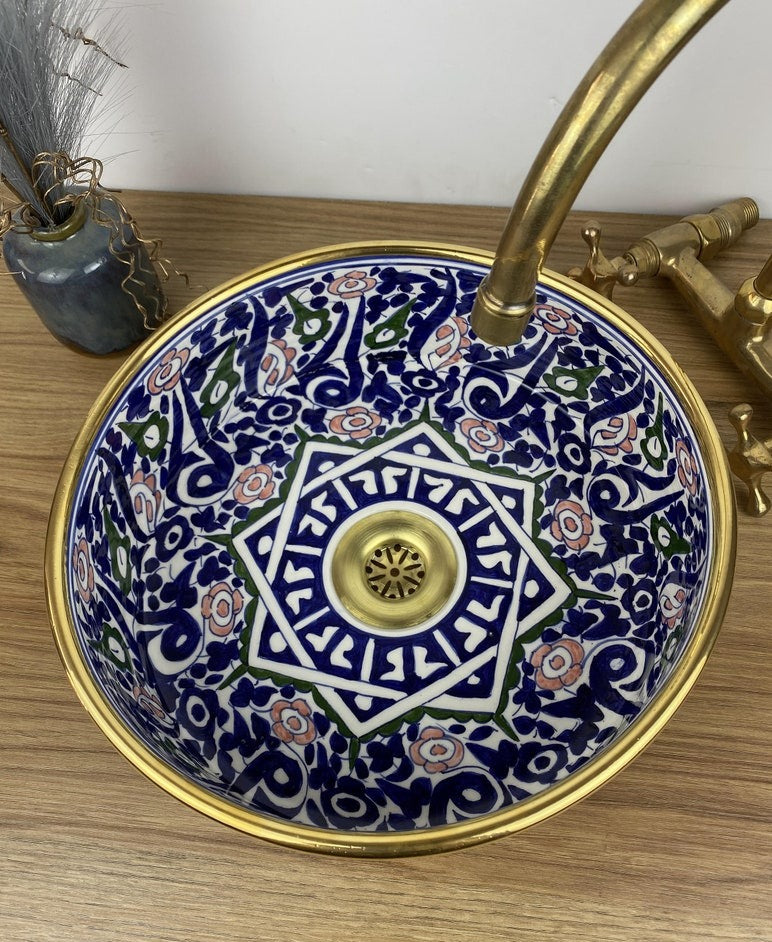 14K Carat Gold contour bathroom sink | Hand painted ceramic sink #254