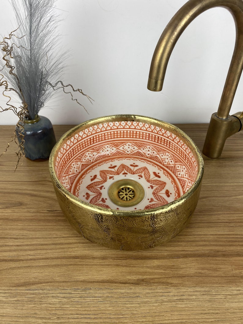 Hand-painted Moroccan basin - Solid brass and ceramic basin - Moroccan brass sink - Brass vessel sink bowl #261