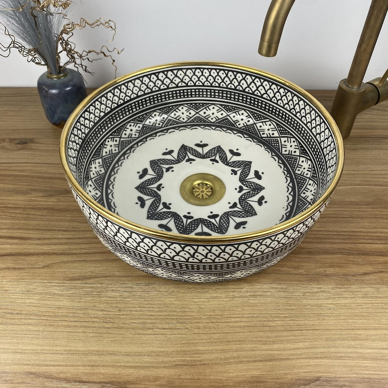 14K Carat Gold contour bathroom sink | Hand painted ceramic sink #259