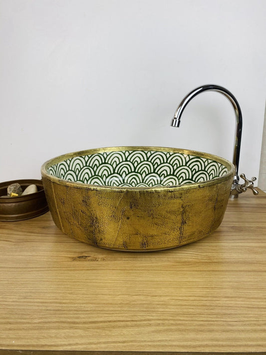 Moroccan hand painted sink - Solid brass and ceramic sink - Moroccan brass sink - Brass sink #263