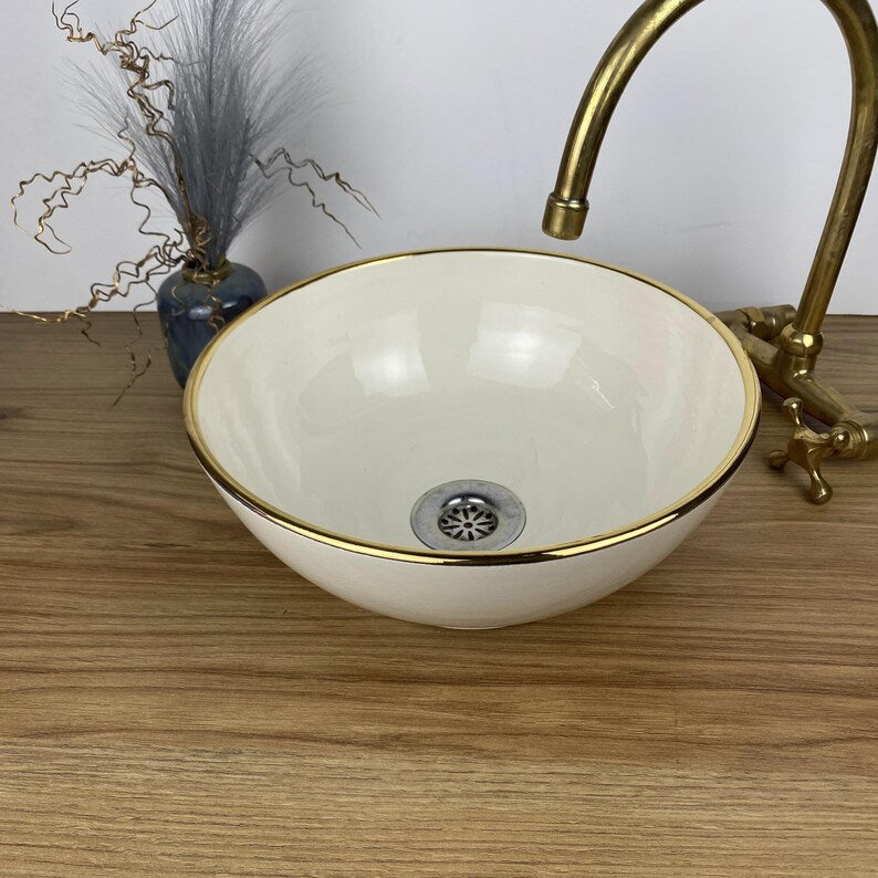 14K Carat Gold contour bathroom sink | Hand painted ceramic sink #255