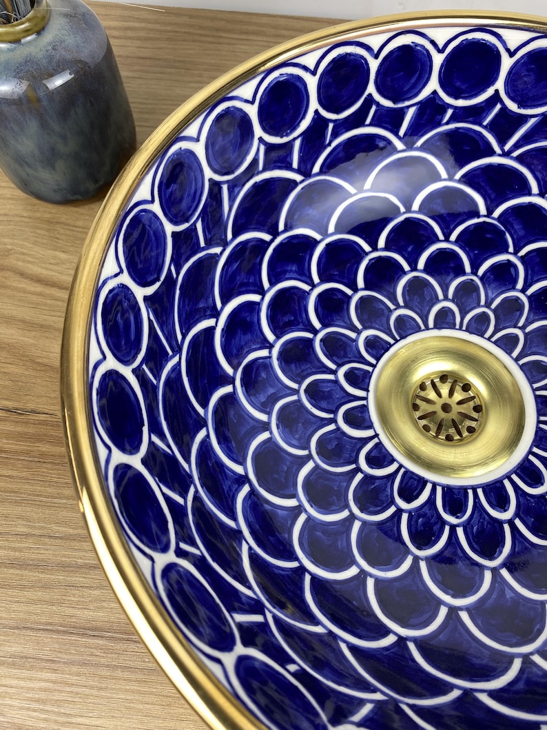 14K Carat Gold contour bathroom sink | Hand painted ceramic sink #258