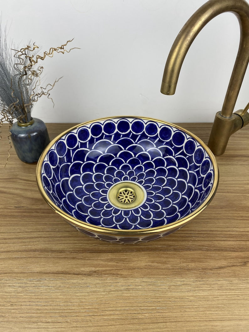 14K Carat Gold contour bathroom sink | Hand painted ceramic sink #258