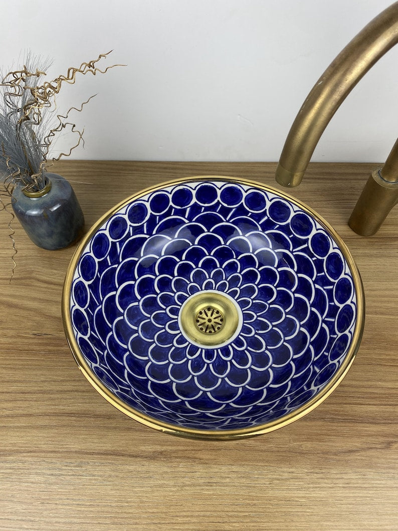 14K Carat Gold contour bathroom sink | Hand painted ceramic sink #258