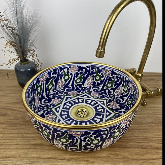 14K Carat Gold contour bathroom sink | Hand painted ceramic sink #254