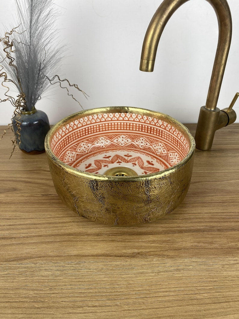 Hand-painted Moroccan basin - Solid brass and ceramic basin - Moroccan brass sink - Brass vessel sink bowl #261