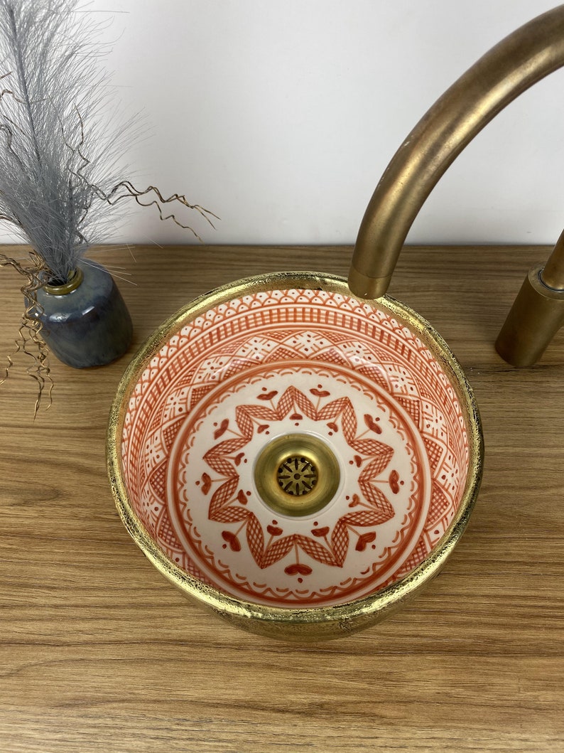 Hand-painted Moroccan basin - Solid brass and ceramic basin - Moroccan brass sink - Brass vessel sink bowl #261