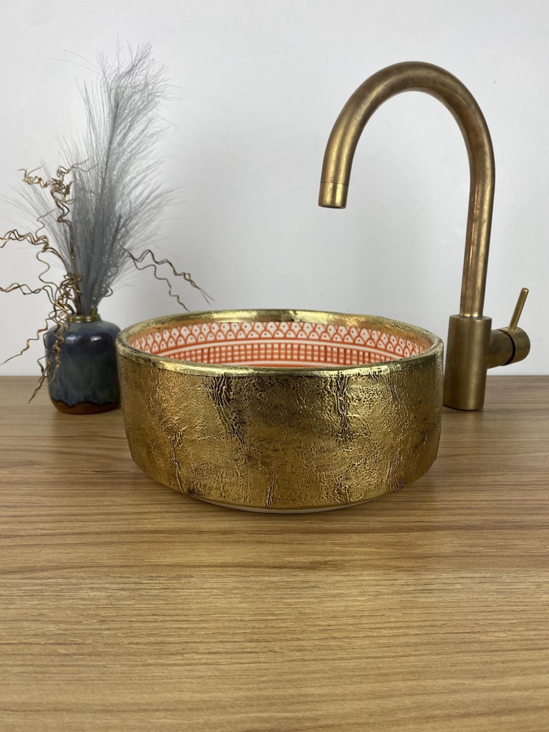 Hand-painted Moroccan basin - Solid brass and ceramic basin - Moroccan brass sink - Brass vessel sink bowl #261