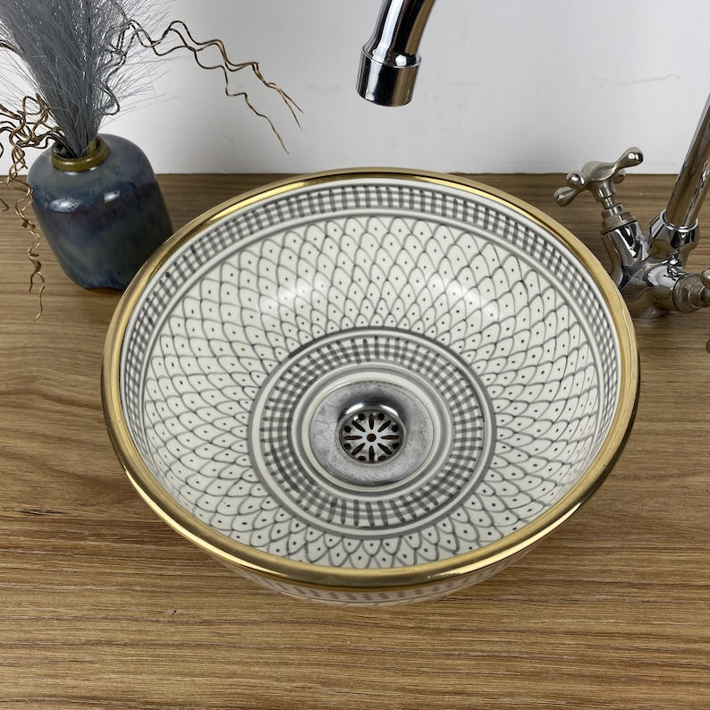 14K Carat Gold contour bathroom sink | Hand painted ceramic sink #257