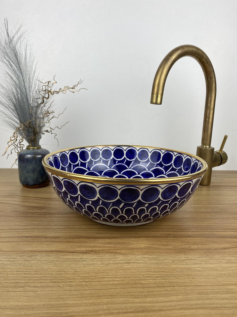 14K Carat Gold contour bathroom sink | Hand painted ceramic sink #258