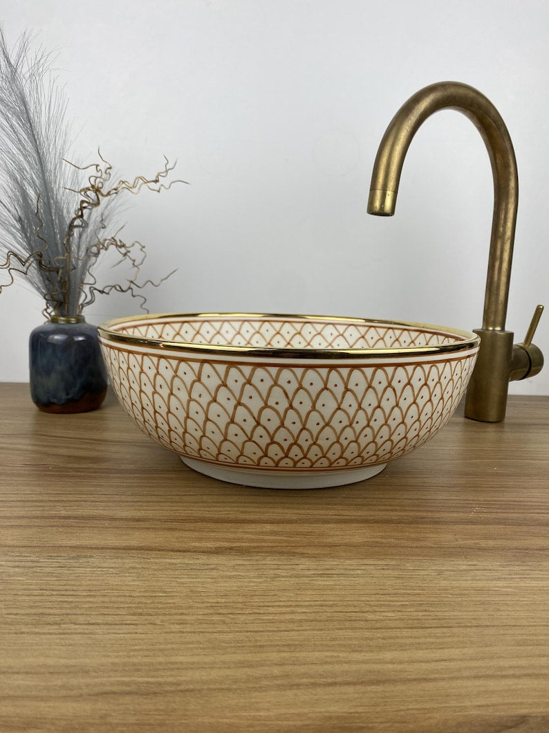 14K Carat Gold contour bathroom sink | Hand painted ceramic sink #256