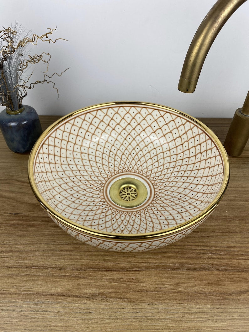 14K Carat Gold contour bathroom sink | Hand painted ceramic sink #256