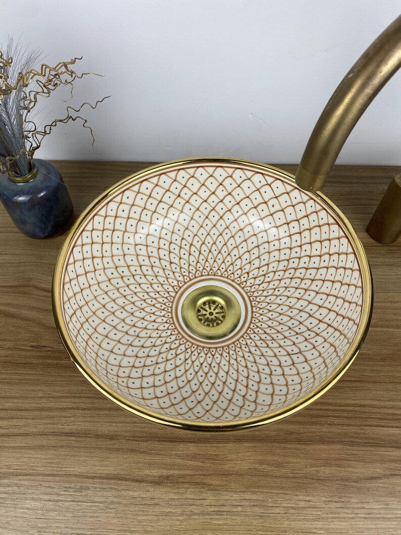 14K Carat Gold contour bathroom sink | Hand painted ceramic sink #256