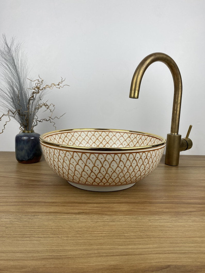 14K Carat Gold contour bathroom sink | Hand painted ceramic sink #256