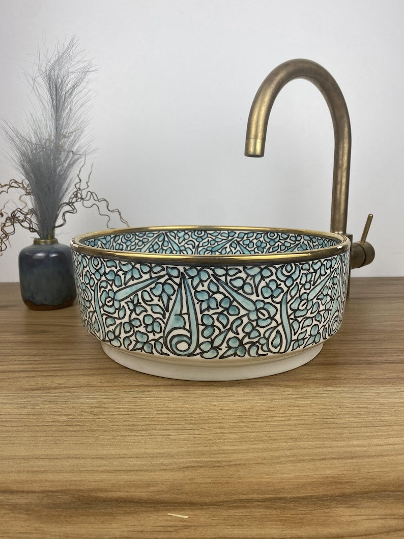 14K Carat Gold contour bathroom sink | Hand painted ceramic sink #253