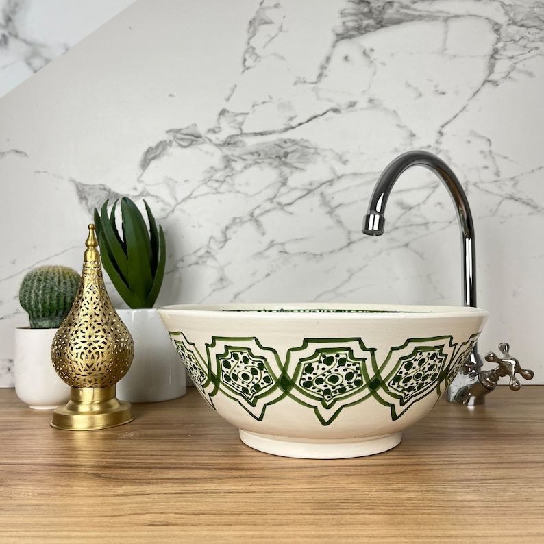 Vasque verte élégant pour salle de bain | Lavabo en céramique style marocain oriental #185K