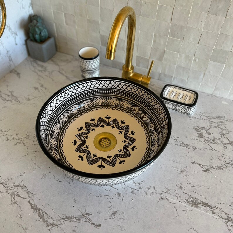 Vasque Marocaine en céramique pour une salle de bain - Lavabo marocain | Black and white sink bowl #51A