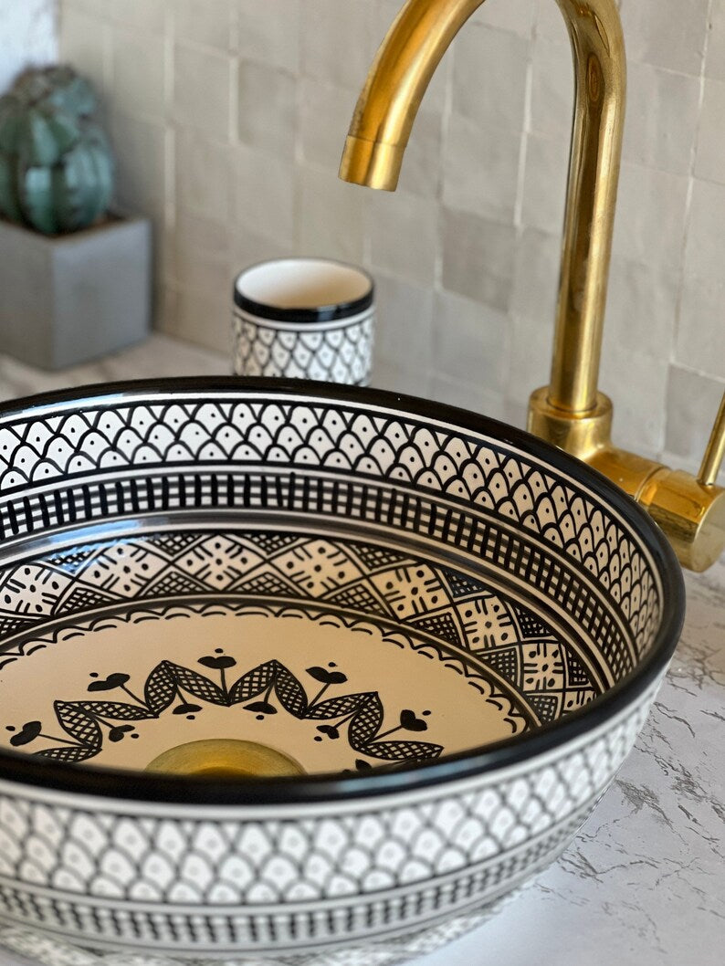 Vasque Marocaine en céramique pour une salle de bain - Lavabo marocain | Black and white sink bowl #51A