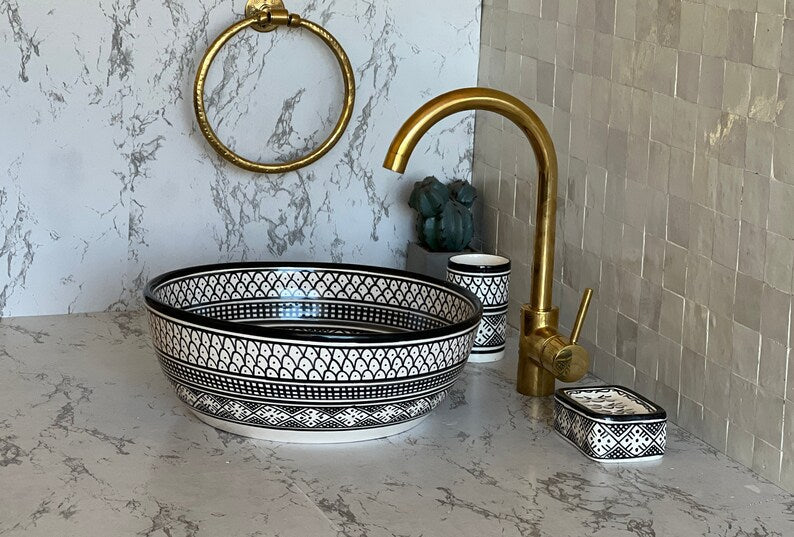 Vasque Marocaine en céramique pour une salle de bain - Lavabo marocain | Black and white sink bowl #51A