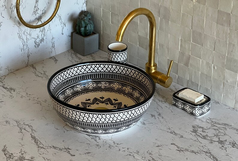 Vasque Marocaine en céramique pour une salle de bain - Lavabo marocain | Black and white sink bowl #51A