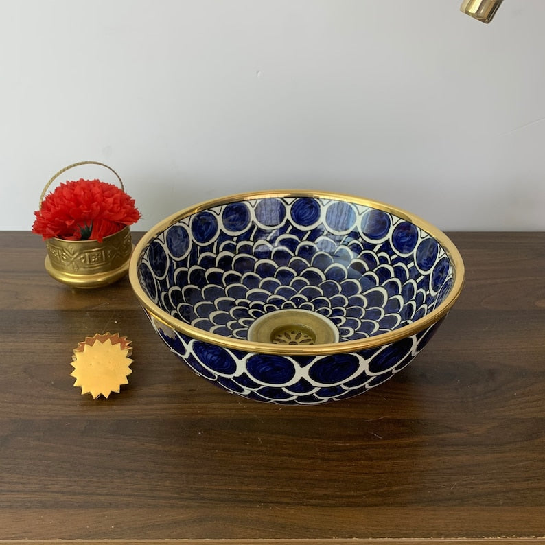 14K Carat Gold contour bathroom sink | Hand painted ceramic sink | Bathroom sink #20L