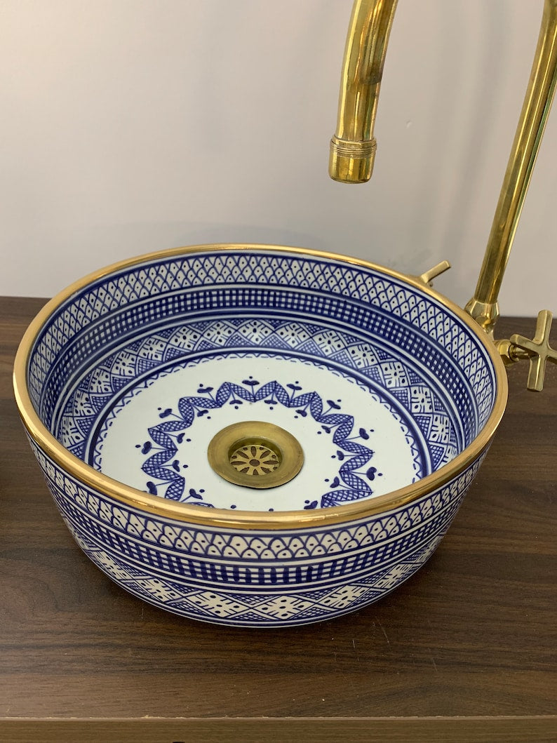 14K Carat Gold contour bathroom sink | Hand painted ceramic sink | Bathroom sink #20G