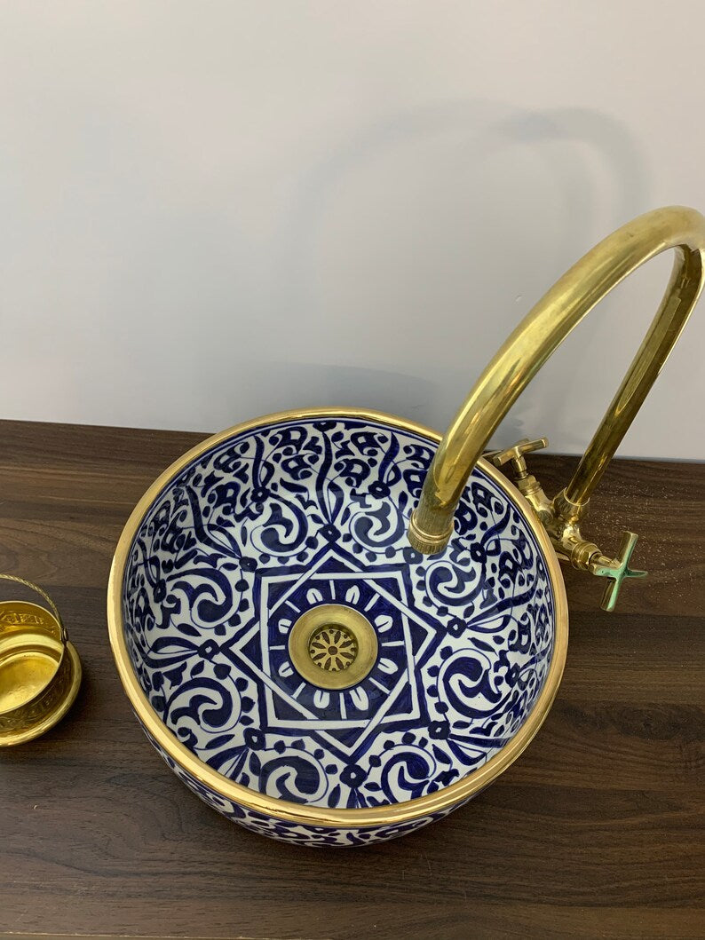 14K Carat Gold contour bathroom sink | Hand painted ceramic sink | Bathroom sink #20J