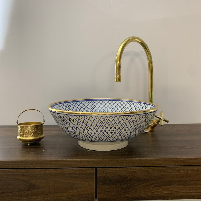 14K Carat Gold contour bathroom sink | Hand painted ceramic sink | Bathroom sink #20C