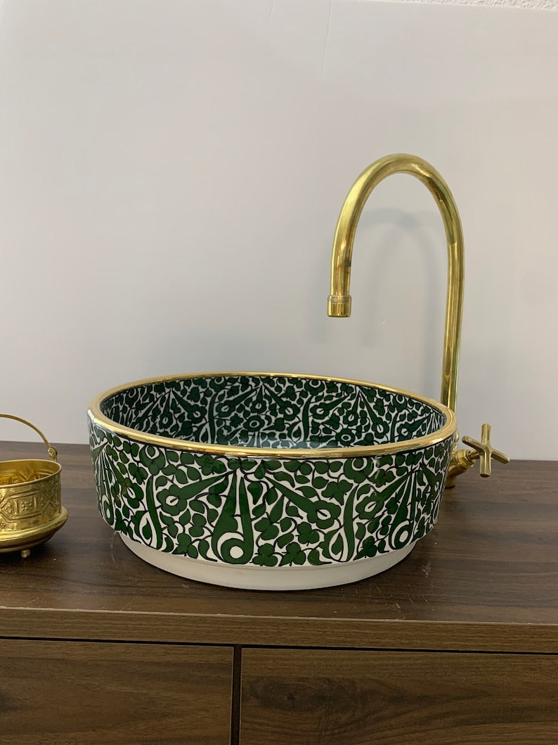 14K Carat Gold contour bathroom sink | Hand painted ceramic sink | Bathroom sink #20H