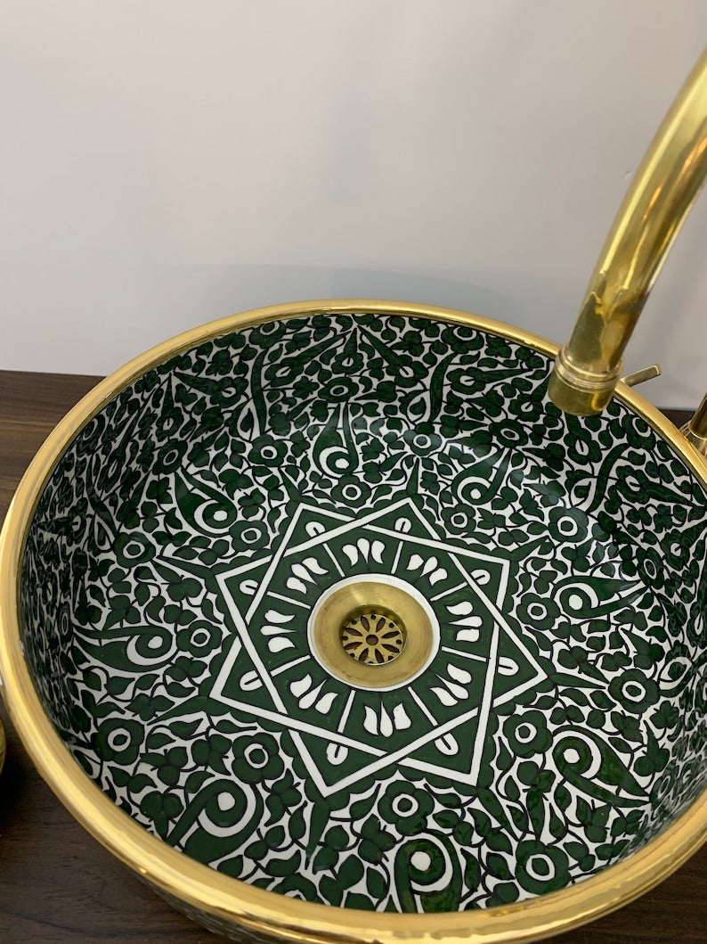 14K Carat Gold contour bathroom sink | Hand painted ceramic sink | Bathroom sink #20H