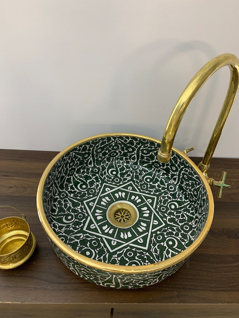 14K Carat Gold contour bathroom sink | Hand painted ceramic sink | Bathroom sink #20H