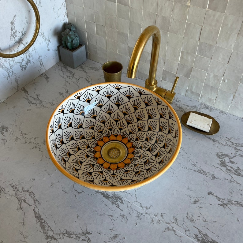 Vasque Marocaine en Céramique pour une Salle de Bain Élégante | yellow sink bowl #47