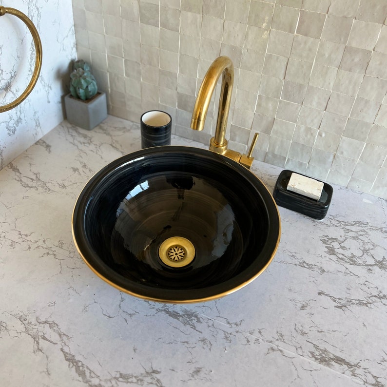 Bathroom sink | Zellige style ceramic bathroom sink contour en or 14k  #122