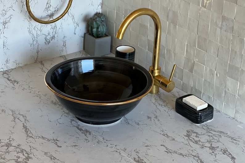 Bathroom sink | Zellige style ceramic bathroom sink contour en or 14k  #122