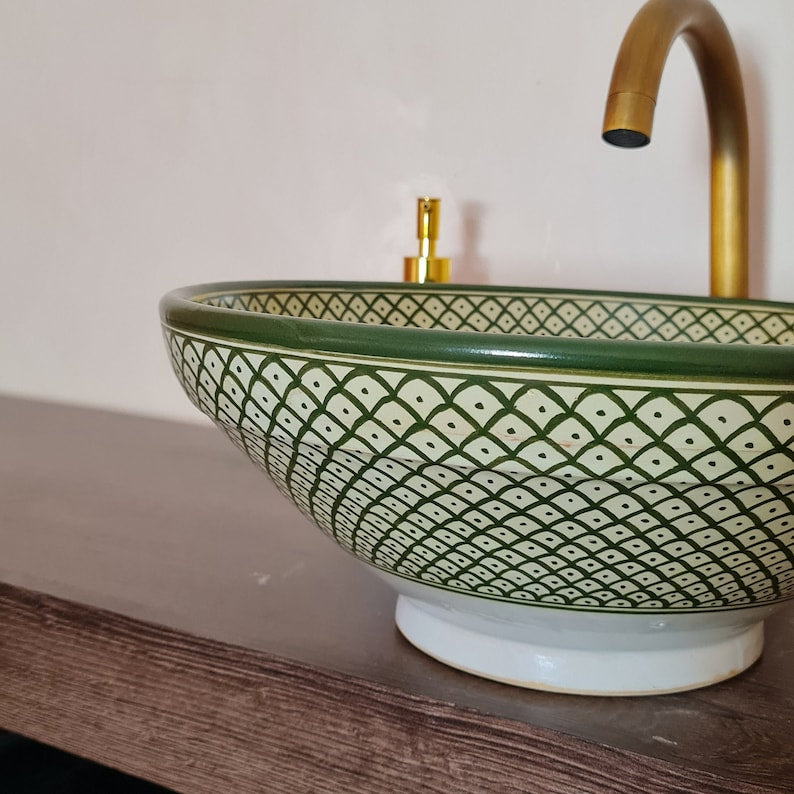 Vasque marocaine de salle de bain | Lavabo en céramique style zellige de salle de bain - green sink bowl #27