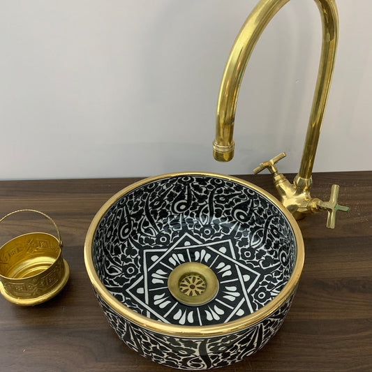 Round bathroom sink With 14K Carat Gold Rim | Hand painted ceramic sink #64A