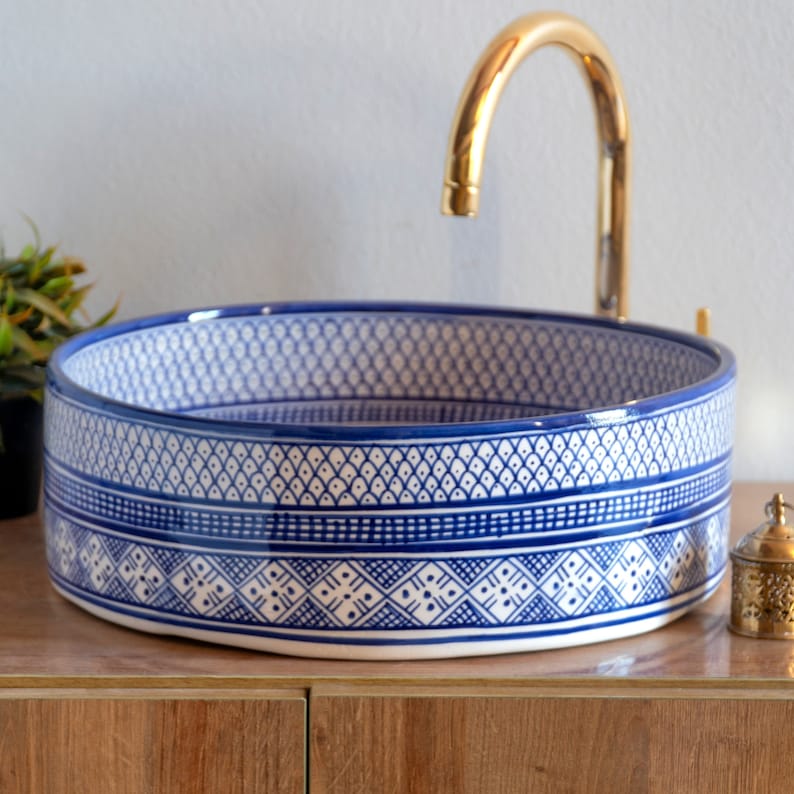 Vasque marocaine de salle de bain | Lavabo Marocain en céramique style zellige salle de bain - blue sink bowl #40