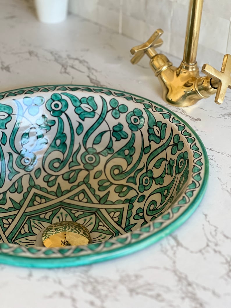 Vasque Marocaine en céramique pour une salle de bain  | Green sink bowl #50