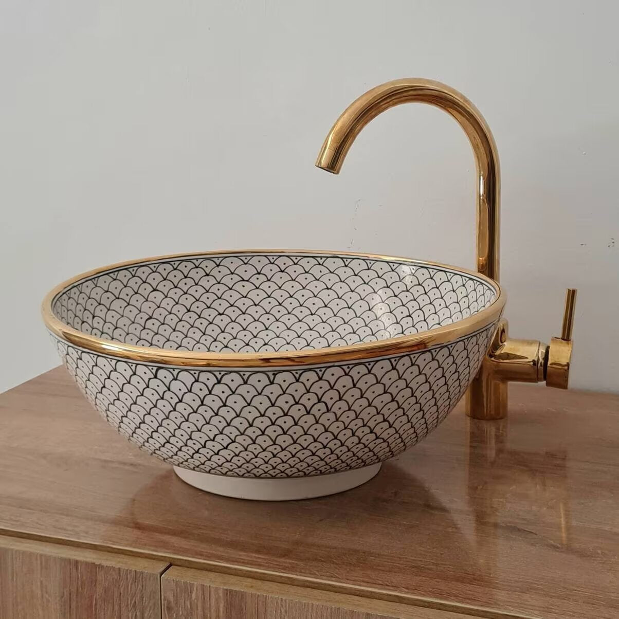 14K Carat Gold contour bathroom sink | Hand painted ceramic sink #70