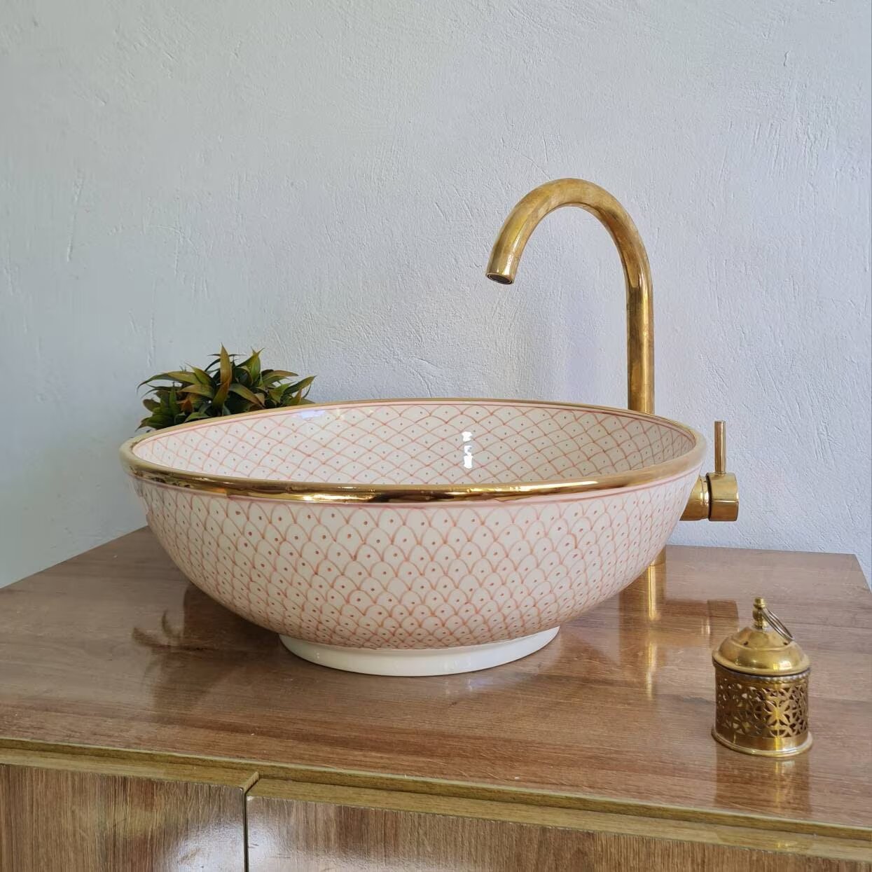 14K Carat Gold contour bathroom sink | Hand painted ceramic sink #74