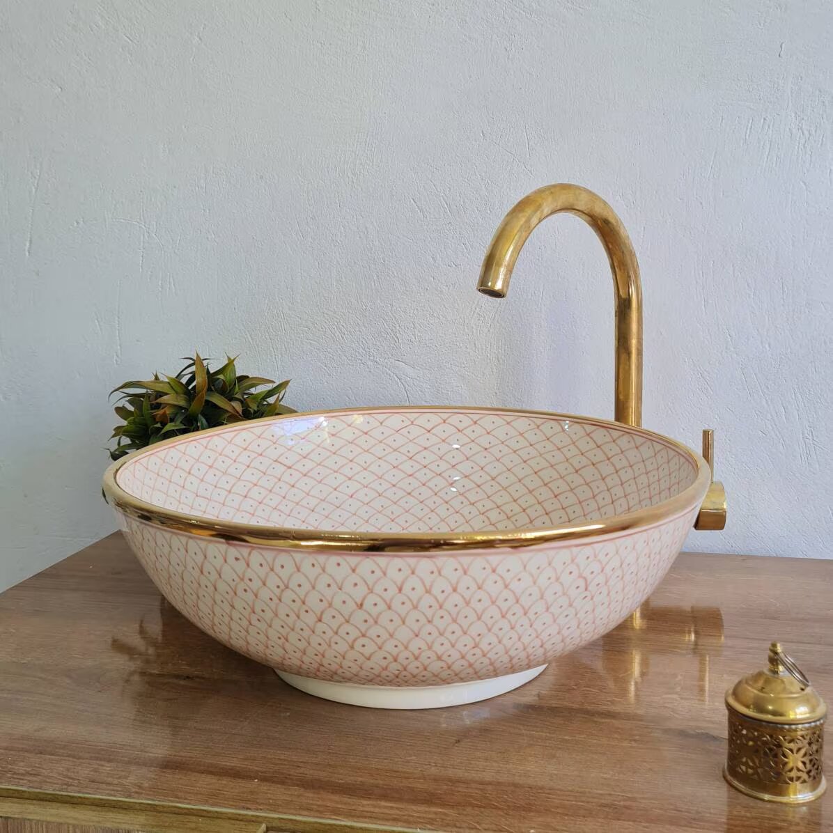 14K Carat Gold contour bathroom sink | Hand painted ceramic sink #74