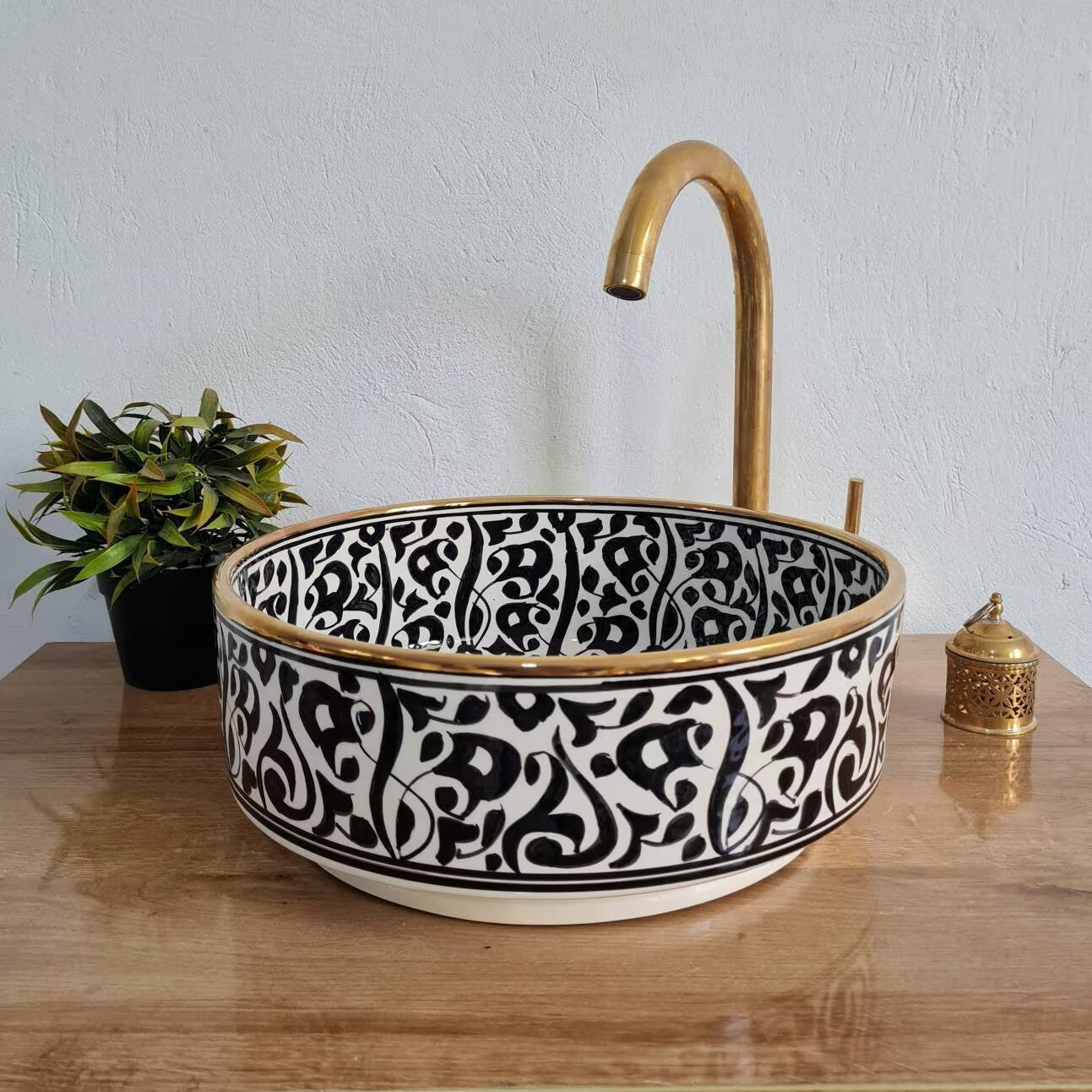 14K Carat Gold contour bathroom sink | Hand painted ceramic sink #73