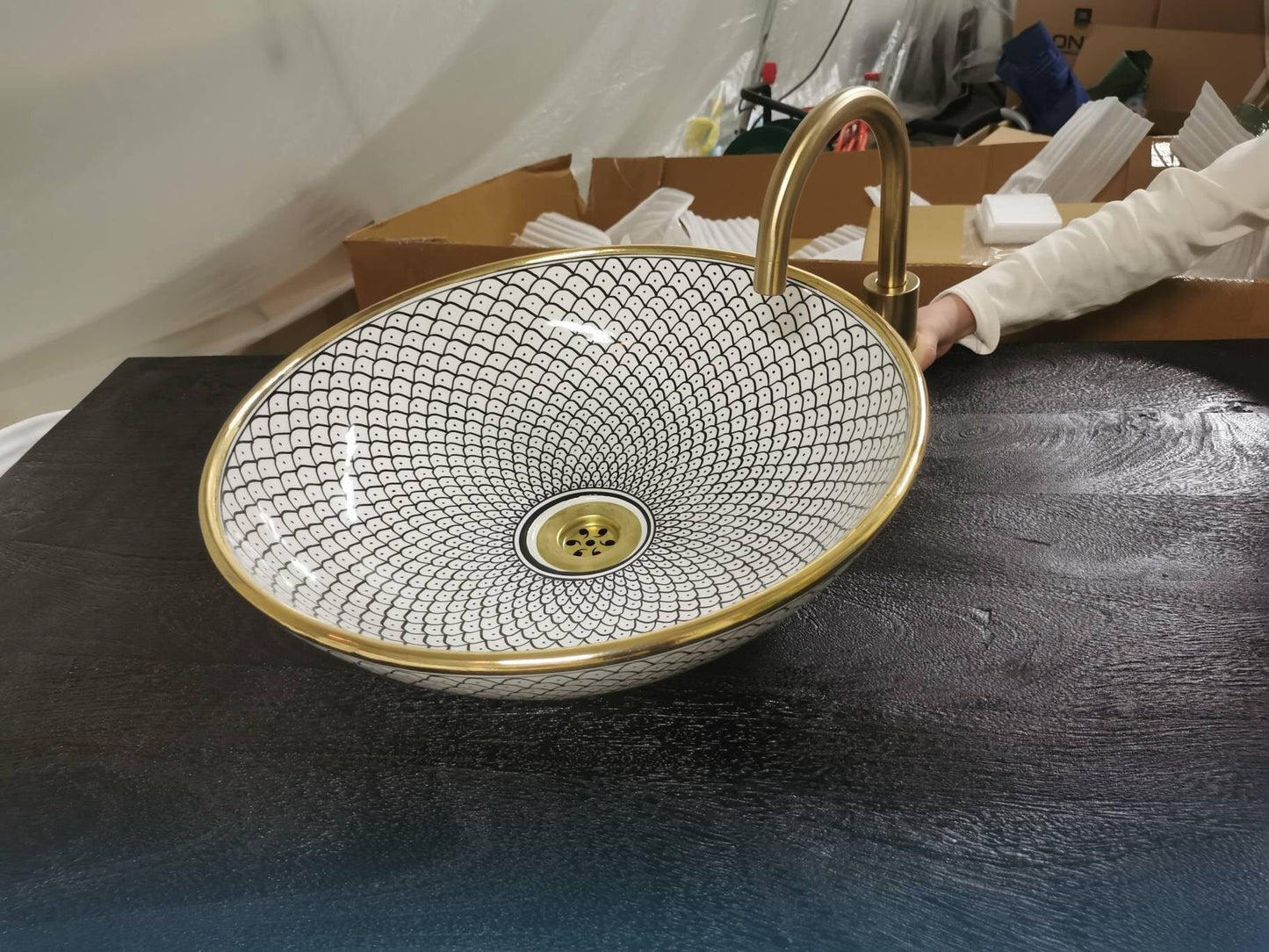 14K Carat Gold contour bathroom sink | Hand painted ceramic sink #70