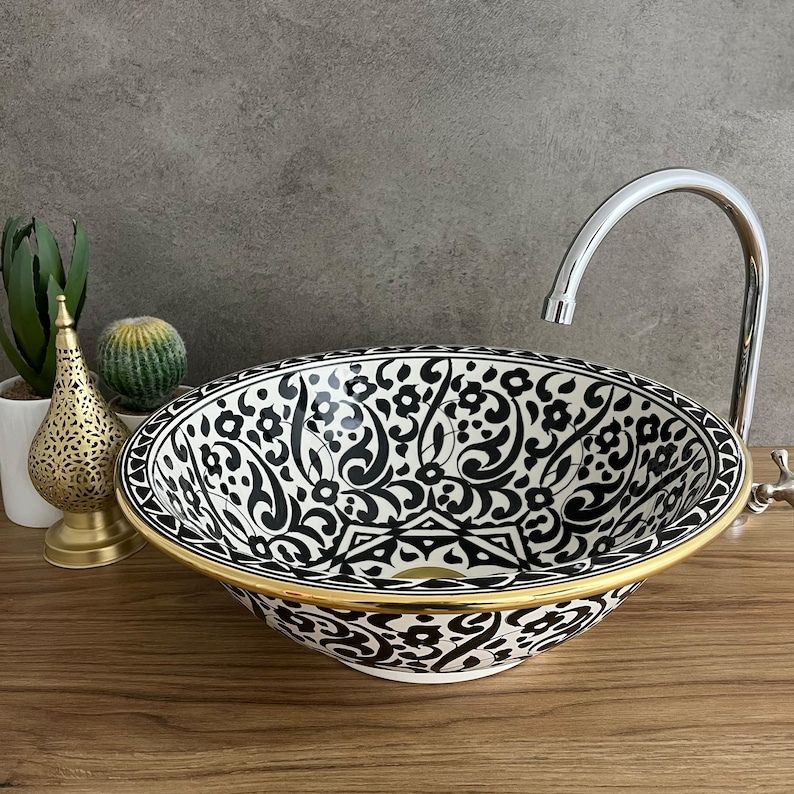 14K Carat Gold contour bathroom sink | Hand painted ceramic sink | Bathroom sink #20T