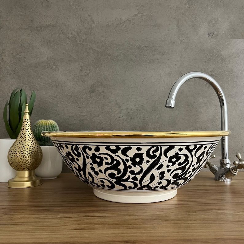 14K Carat Gold contour bathroom sink | Hand painted ceramic sink | Bathroom sink #20T